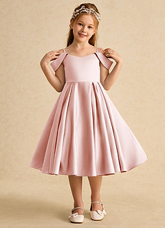 Azazie Favia Flower Girl Dresses Blushing Pink A-Line Off the Shoulder Matte Satin Dress image4