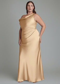 Azazie Emerson Robes de demoiselle d'honneur Robe Sirène en Satin extensible Épaules dénudées Champagne image4
