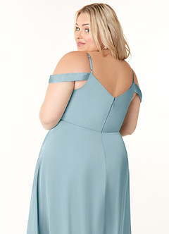 Azazie Ocean Bridesmaid Dresses Moody Blue A-Line V-Neck Pleated Stretch Satin Dress image11