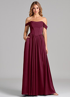 Azazie Raisa Bridesmaid Dresses Mulberry A-Line Off the Shoulder Stretch Satin Dress image1