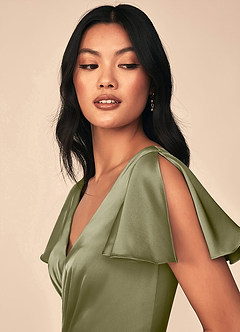 Azazie Soren Bridesmaid Dresses Pistachio A-Line Pleated Stretch Satin Dress image6