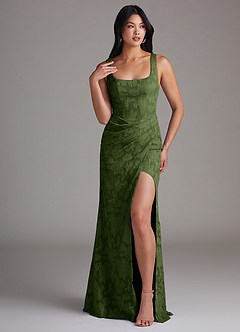 Azazie Mero Jurken voor bruidsmeisjes Jurk van Bloemen Burn-out met Kolom Geplooid Olijf image1