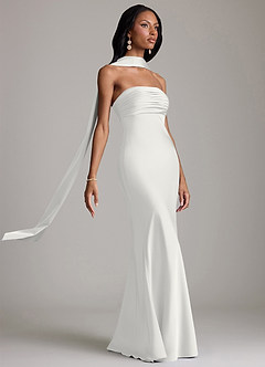 Azazie Saylor Vestidos de damas de honor Vestido de Blanco de Satén Elástico de Corte Sirena con Sin tirantes image10
