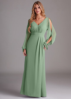 Azazie Matilda Bridesmaid Dresses Matcha A-Line Long Sleeve Chiffon Dress image3