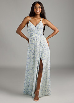 Azazie Davis Bridesmaid Dresses Blue And White Ditsy Floral A-Line V-Neck Chiffon Dress image2