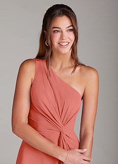 Azazie Brooke Bridesmaid Dresses Salmon Pink A-Line One Shoulder Chiffon Dress image5
