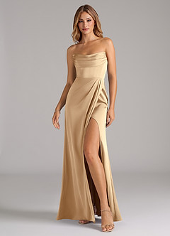 Azazie Johana Robes de demoiselle d'honneur Robe Sirène Convertible en Satin extensible Épaule décolletée Champagne image6