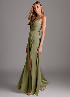 Azazie Calissa Bridesmaid Dresses Pistachio A-Line V-Neck Pleated Stretch Satin Dress image4