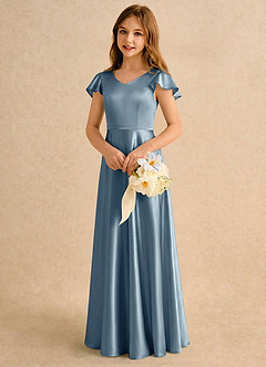 Azazie Nari Girls Formal Sukienki dla dziewczynek sypiących kwiaty Linia A z rękawami Satyna elastyczna Długość podłogi Sukienka image4