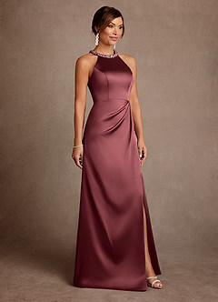 Azazie Lawrence vestidos de madre de la novia Vestido de Merlot de Satén Elástico de Corte en A con Plisado image4