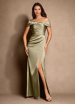 Azazie Altonia Mère de la mariée Robes Robe Sirène en Satin extensible Épaule décolletée Vert Mousse image4
