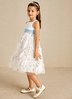 Azazie Pollie Flower Girl Dresses Ivory Powder Blue A-Line Bow Tulle Dress image5