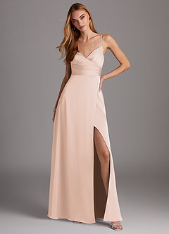 Azazie Calissa Bridesmaid Dresses Blushing Pink A-Line V-Neck Pleated Stretch Satin Dress image3