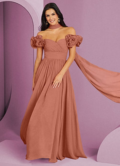 Barbie ♥ Azazie Suknie dla druhen Rozkloszowana sukienka z odkrytymi ramionami, falbaną i rozetkami image1