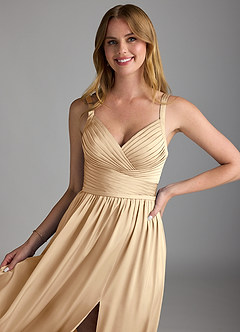 Azazie Chanel Bridesmaid Dresses Champagne A-Line Pleated Stretch Satin Dress image3