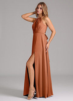 Azazie Evalleen Bridesmaid Dresses Copper A-Line Pleated Stretch Satin Dress image4
