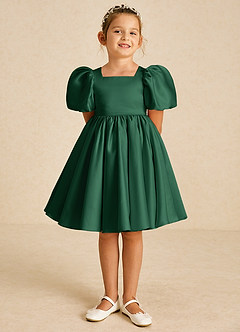 Azazie Muffin Flower Girl Dresses Dark Green A-Line with Sleeves Matte Satin Dress image2