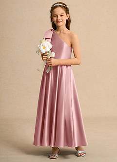 Azazie Guppy Girls Formal Flower Girl Dresses Dusty Rose A-Line One Shoulder Matte Satin Dress image5