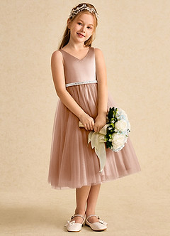 Azazie Firefly vestidos de niña de las flores Vestido de Champán Rosado de Satin Mate de Corte En A con Lazo image3