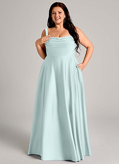 Azazie Shaude Bridesmaid Dresses Sea Glass A-Line Pleated Stretch Satin Dress image11