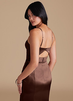 Azazie Shania At-home Try On Dresses Auburn Sheath Pleated Metallic Satin Dress image4