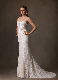 Azazie Issa Wedding Dresses Diamond White Champagne Sheath Strapless Lace Dress image3