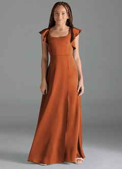 Azazie Bondi Junior Cinnamon A-Line Side Slit Stretch Satin Dress image1