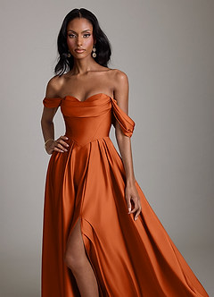 Azazie Loisa Abiti da Damigella Abito A-Line in Raso Elasticizzato a Spalla Scoperta Arancia Bruciata image5