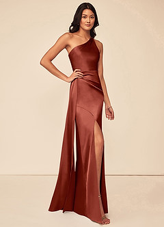 Azazie Maron Bridesmaid Dresses Terracotta A-Line One Shoulder Stretch Satin Dress image3