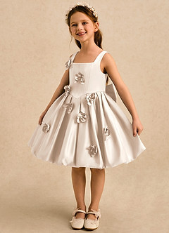 Azazie Lillian Flower Girl Dresses White Alabaster Ball-Gown Pleated Matte Satin Dress image1