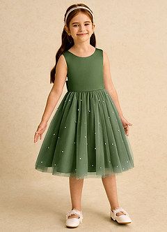 Azazie Bell Blumenmädchenkleider Ballkleid Schleifen Tüll Kleid Olivgrün image4