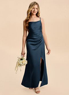 Azazie Minnie Junior Dark Navy Sheath Ruched Stretch Satin Dress image5