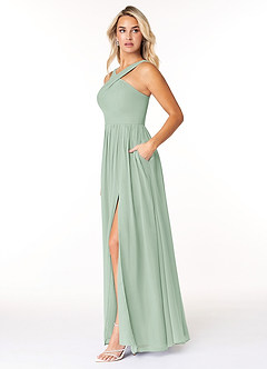 Azazie Elvira Bridesmaid Dresses Agave A-Line Pleated Chiffon Dress image3