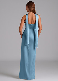 Azazie Calandra Bridesmaid Dresses Steel Blue A-Line Pleated Stretch Satin Dress image6