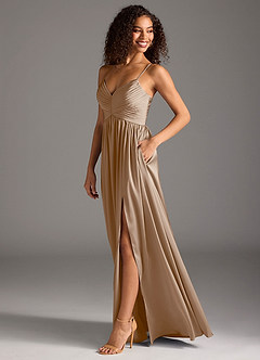 Azazie Alia Bridesmaid Dresses Taupe A-Line Pleated Stretch Satin Dress image6