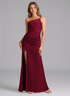 Azazie Eren Bridesmaid Dresses Burgundy Mermaid One Shoulder Stretch Satin Dress image1