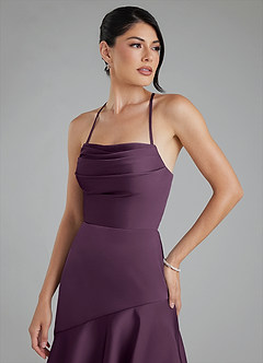 Azazie Jaslene Bridesmaid Dresses Plum A-Line Corset Stretch Satin Dress image4