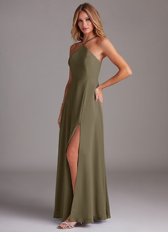 Azazie Bailey Vestidos de damas de honor Vestido de Verde Sauce de Gasa de Corte en A con Halter Abertura lateral image3