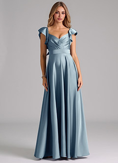 Azazie Leilani Bridesmaid Dresses Dusty Blue A-Line Ruched Stretch Satin Dress image3