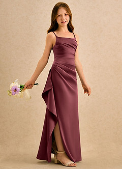 Azazie Cannoli Girls Formal Abiti da Ragazza di Fiori Abito A-Line in Raso Elasticizzato Plissettato Merlot image1