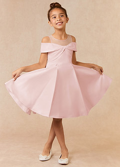 Azazie Shirin Flower Girl Dresses Blushing Pink A-Line Off the Shoulder Matte Satin Dress image1