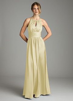Azazie Bonnie Bridesmaid Dresses Lemon Sorbet A-Line Pleated Stretch Satin Dress image3