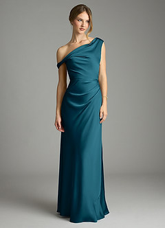 Azazie Emerson Bridesmaid Dresses Ink Blue Mermaid Off the Shoulder Stretch Satin Dress image3