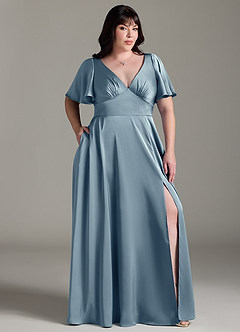 Azazie Kimber Robes de demoiselle d'honneur Robe Trapèze en Satin extensible Rayé Bleu Poussiéreux image3