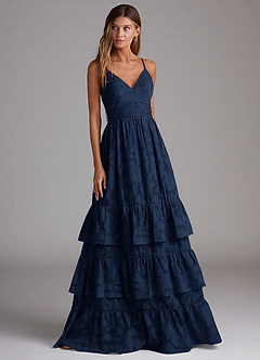Azazie Nathalia Bridesmaid Dresses Dark Navy A-Line Bow Floral Burnout Dress image4
