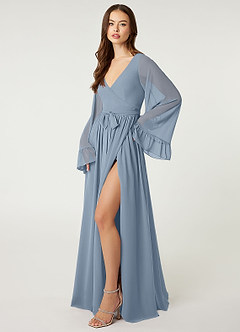 Azazie Tiphanie Venta Final Vestido de Azul Polvoriento de Gasa de Corte en A con Cuello en V fruncido image3