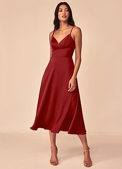 Azazie Dottie Bridesmaid Dresses Pomegranate A-Line Stretch Satin Dress image3