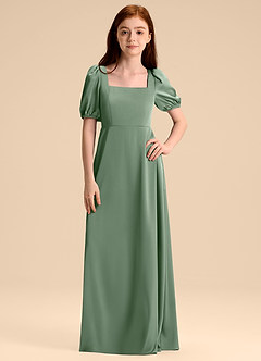 Azazie Briar Junior Abito A-Line in Raso Elasticizzato Fiocco Matcha image6