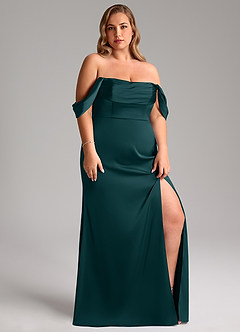 Azazie Saige Bridesmaid Dresses Pine Sheath Off the Shoulder Stretch Satin Dress image13