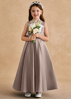 Azazie Honey Bear Flower Girl Dresses Taupe A-Line Pleated Matte Satin Dress image3